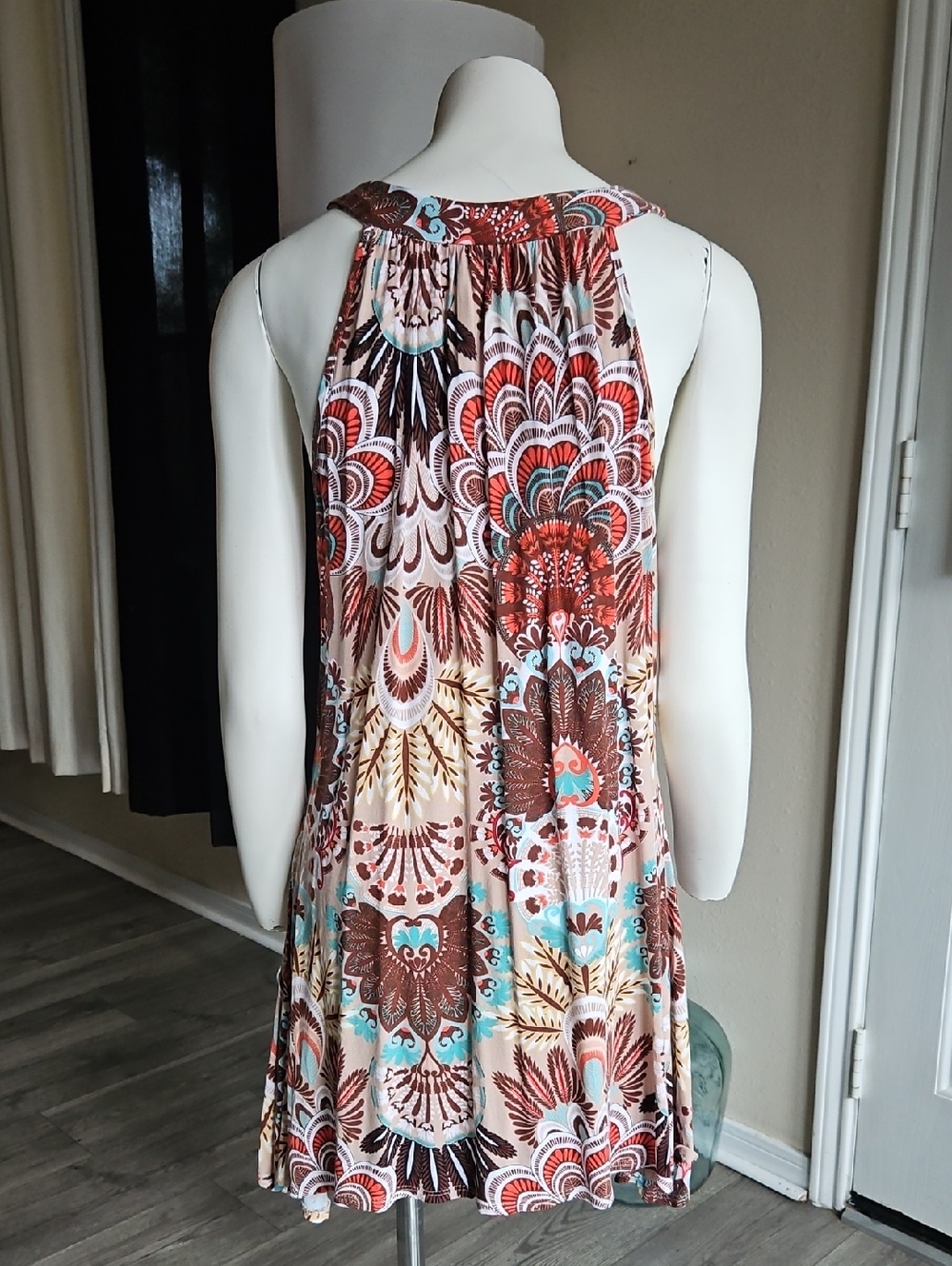 4/$20Boho Beaded Scoop Neck Tunic Top | Turquoise & Brown Paisley | Plus Size 18 - Picture 4 of 7